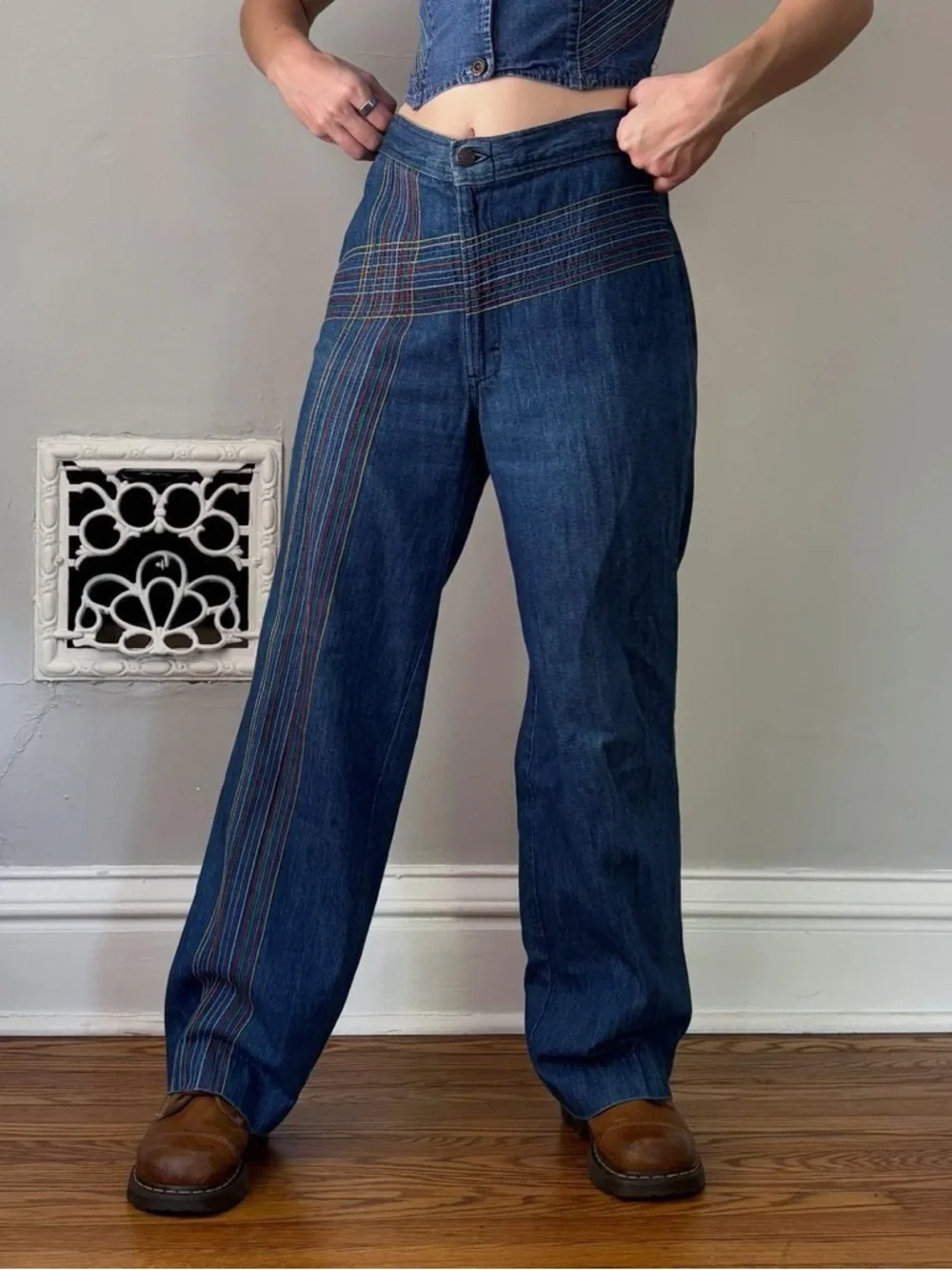 Vintage 70s Miss H.I.S. Retro rainbow embroidered denim vest + wide leg pant set - Picture 4 of 8